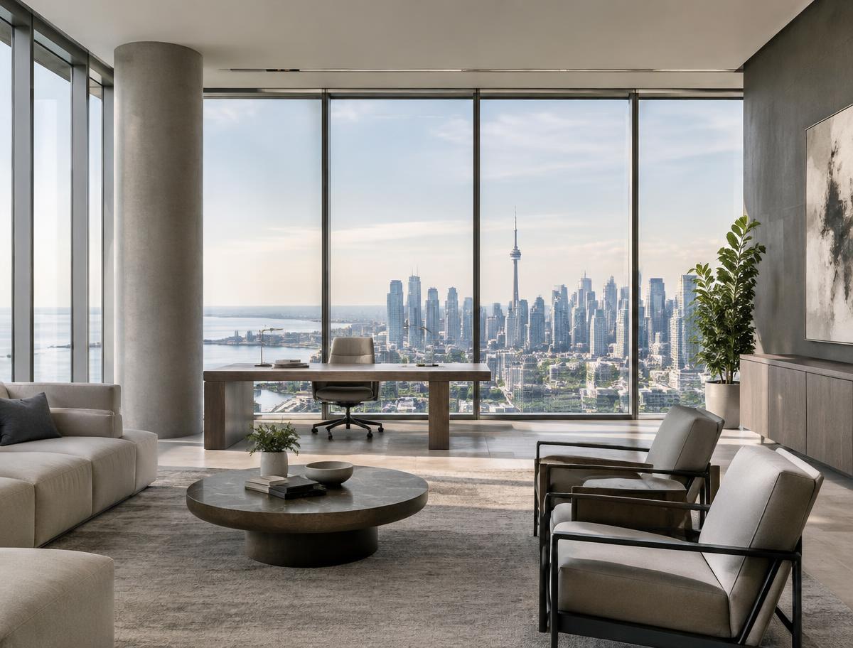 Commercial interior with floor-to-ceiling windows