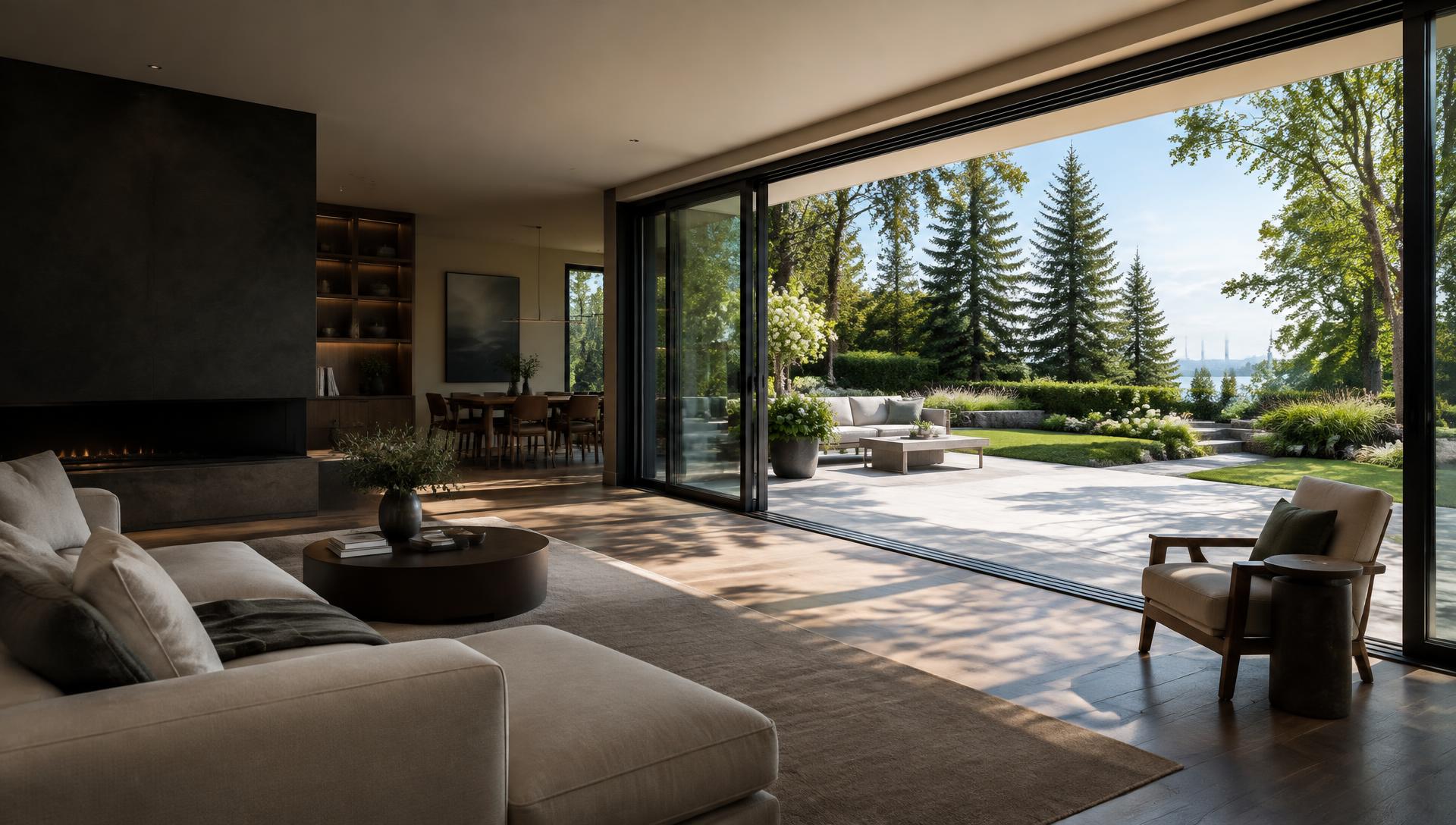 Wide patio doors opening to a garden